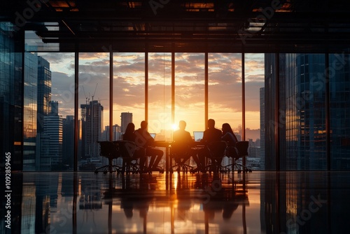 A business meeting of silhouettes in a glass office at sunset symbolizes collaboration, innovation, and the forward-thinking nature of contemporary corporate culture. photo