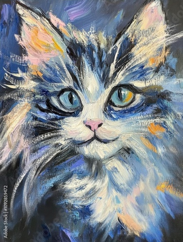 A vibrant painting of a cat with expressive blue and white fur.