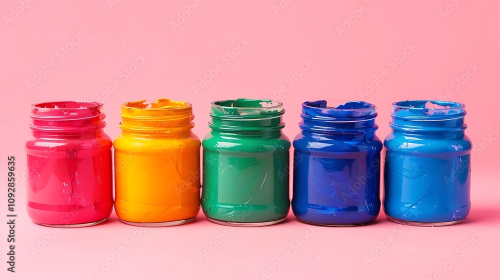 A vibrant arrangement of five paint jars in pink, orange, green, blue, and purple against a pink background. A vibrant arrangement of five paint jars in pink, orange, green, blue, and purple against a pink background.