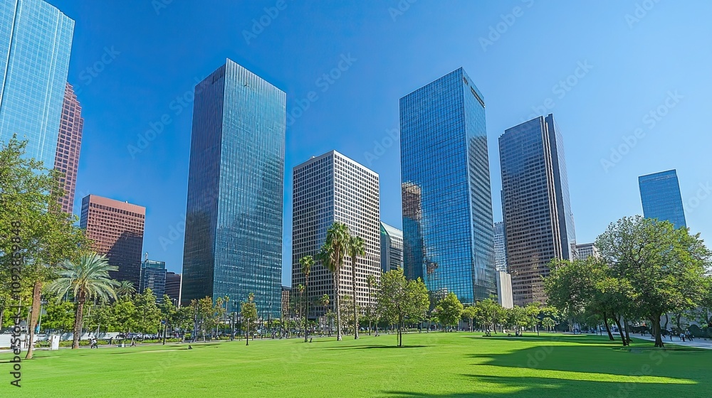 Under a clear blue sky, a modern urban skyline featuring reflective glass skyscrapers and business office buildings highlights the corporate environment and modern architecture. Under a clear blue sky, a modern urban skyline featuring reflective glass skyscrapers and business office buildings highlights the corporate environment and modern architecture.