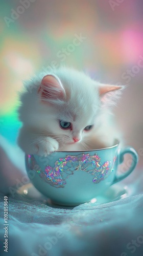 A fluffy white kitten peeks out from a decorative teacup.