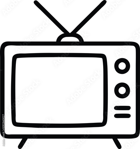Retro television icon with antenna, Black outline icon of a vintage television with antenna, classic rounded screen, and control knobs in a minimalist style.
