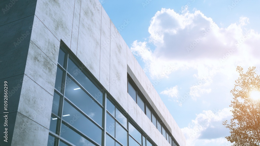 Modern building with large windows under a bright sky, showcasing contemporary architecture. Modern building with large windows under a bright sky, showcasing contemporary architecture.