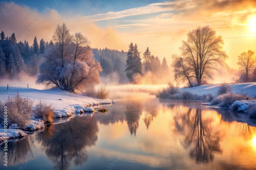 Fototapeta premium Serene Early Morning Landscape with Foggy Winter River in High Depth of Field, Capturing the Tranquility of Nature's Beauty in a Generative AI Design