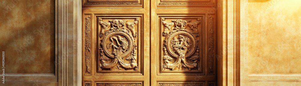 Ornate wooden doors with intricate carvings and warm lighting. Ornate wooden doors with intricate carvings and warm lighting.