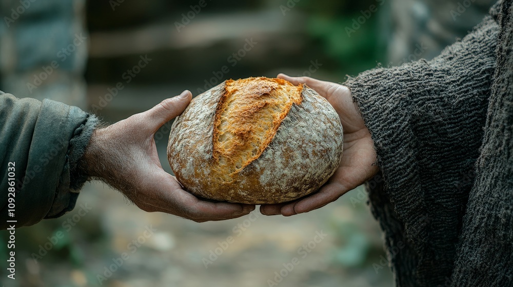 Symbolic image of Jesus giving bread to a beggar's hands Symbolic image of Jesus giving bread to a beggar's hands