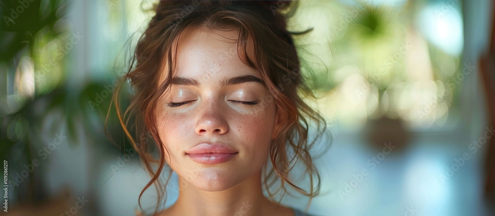 Young woman meditating with closed eyes in a serene atmosphere. Young woman meditating with closed eyes in a serene atmosphere.