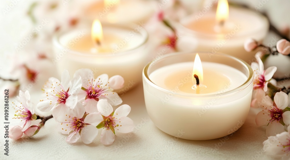 Candles and spring flowers on a light background, cherry blossoms, a spa and wellness concept Candles and spring flowers on a light background, cherry blossoms, a spa and wellness concept