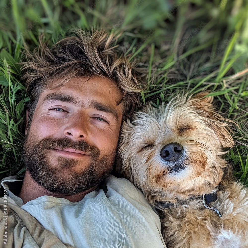 Joyful Moment of Man Relaxing with Dog on Grass