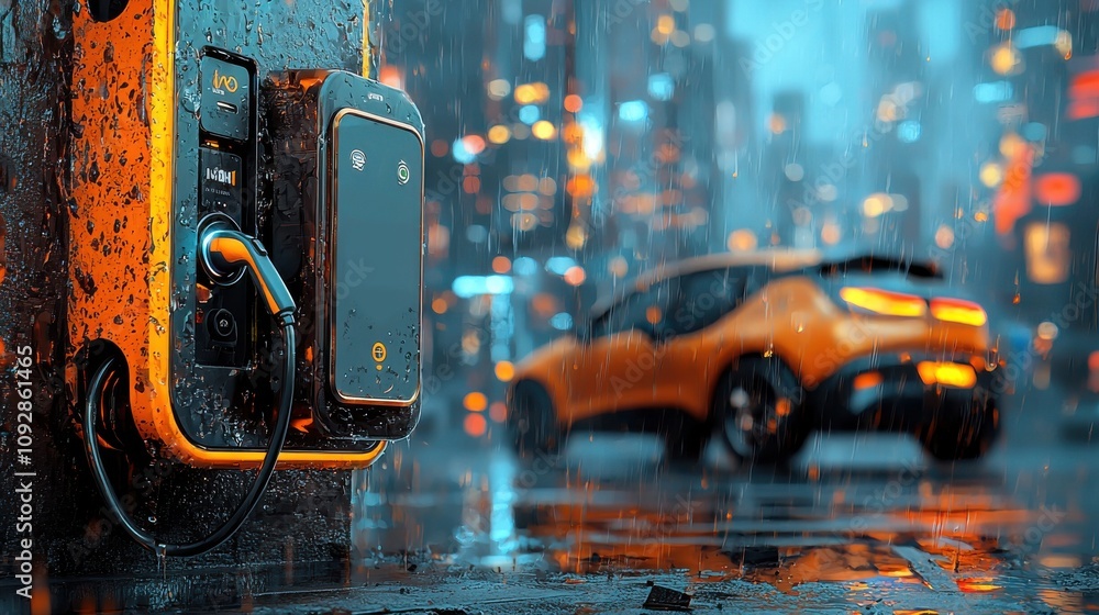 Futuristic ev charging dock illuminated in eco-conscious urban landscape at night a vision of sustainable technology in modern transport Futuristic ev charging dock illuminated in eco-conscious urban landscape at night a vision of sustainable technology in modern transport