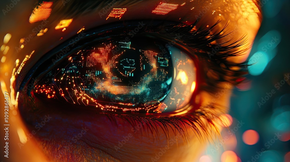Digital close-up of a human eye with glowing circuitry patterns, depicting the fusion of human biology and advanced AI, showcasing futuristic technology. Digital close-up of a human eye with glowing circuitry patterns, depicting the fusion of human biology and advanced AI, showcasing futuristic technology.