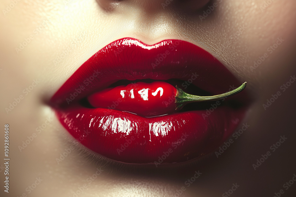 Fototapeta premium Close up of plump female lips with glossy makeup red lipstick and red chilly pepper between the lips instead of tongue sticking out or protruding. Minimal creative concept of spicy taste and hot food.