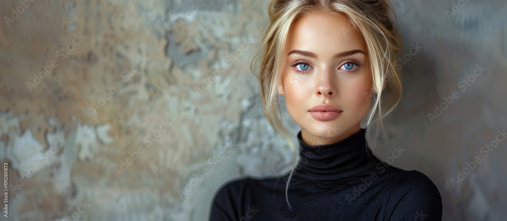 A portrait of an attractive woman with blonde hair and blue eyes, wearing black dress, posing in front of grey wall. A portrait of an attractive woman with blonde hair and blue eyes, wearing black dress, posing in front of grey wall.
