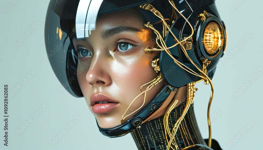 Female android in shiny black cyberpunk helmet, AI concept, cyborg Female android in shiny black cyberpunk helmet, AI concept, cyborg