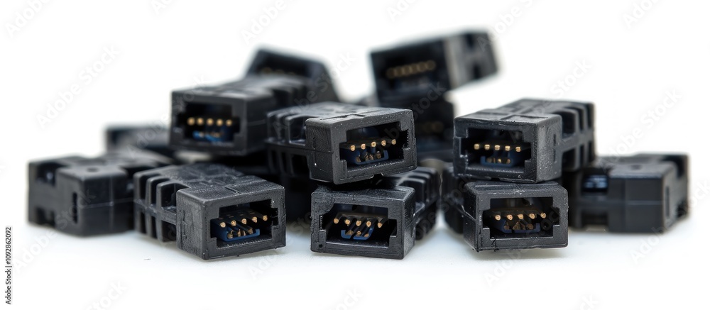 A stack of black and blue video computer cables with a gold voxel icon face on a white background. A stack of black and blue video computer cables with a gold voxel icon face on a white background.