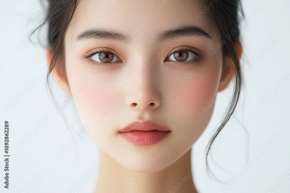 Elegant Asian Beauty Portrait with Natural Makeup and Soft Light Against White Background Elegant Asian Beauty Portrait with Natural Makeup and Soft Light Against White Background