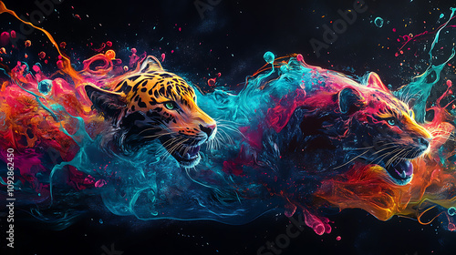 A vibrant depiction of two big cats emerging from colorful splashes of paint. photo