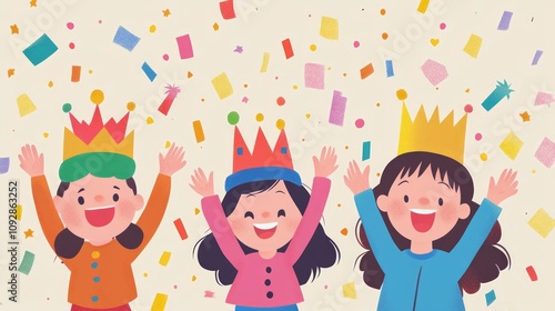 Wallpaper Mural Three children wearing bright crowns joyfully celebrate Purim, surrounded by colorful confetti, expressing excitement and happiness in a vibrant setting Torontodigital.ca