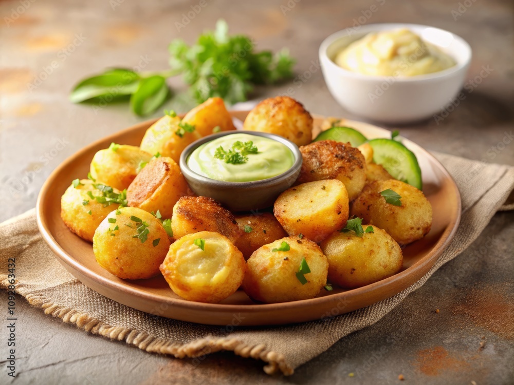 Trendy Comfort Snack: Crispy Roasted Crushed Potatoes with Creamy Avocado and Garlic Dip on a Beige Tablecloth, Perfect for Food Enthusiasts and Social Media Lovers Trendy Comfort Snack: Crispy Roasted Crushed Potatoes with Creamy Avocado and Garlic Dip on a Beige Tablecloth, Perfect for Food Enthusiasts and Social Media Lovers