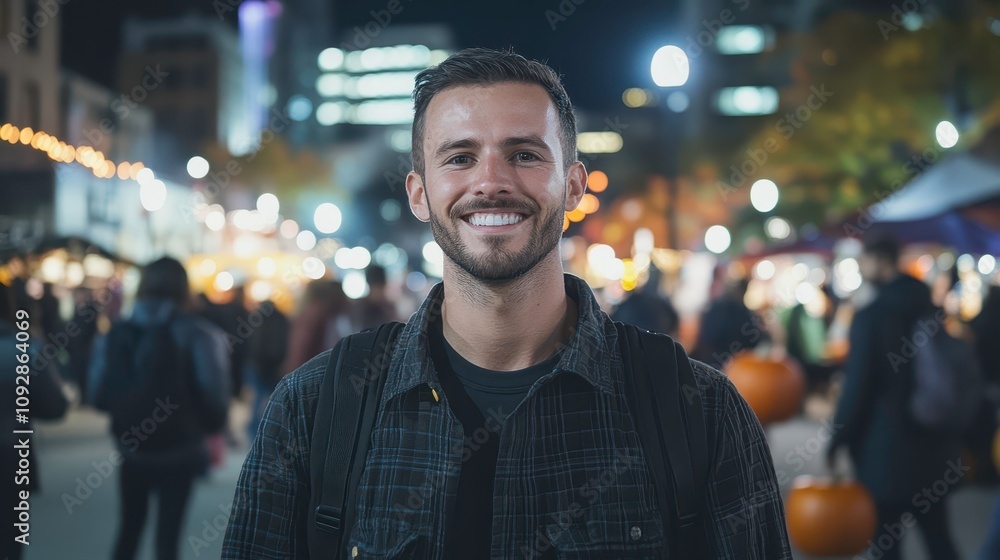 Festive evening celebration with smiling man downtown market urban event vibrant atmosphere close-up portrait community spirit Festive evening celebration with smiling man downtown market urban event vibrant atmosphere close-up portrait community spirit