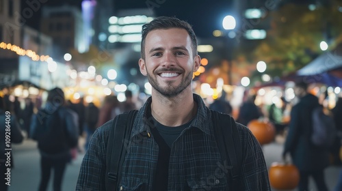 Festive evening celebration with smiling man downtown market urban event vibrant atmosphere close-up portrait community spirit