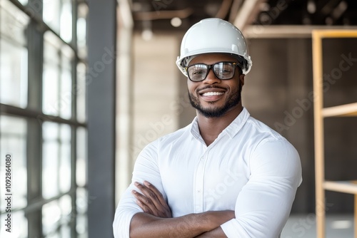 A smiling engineer wearing a white hard hat and glasses poses confidently in an indoor industrial setting, exuding professionalism and expertise. photo