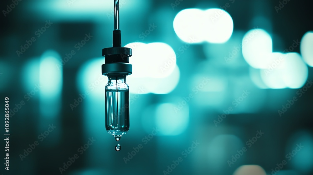 Close-up of medical IV drip with blurred background, teal tones.