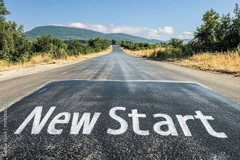 Naklejka premium Word New Start on asphalt road