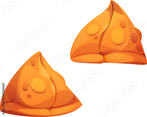 Cartoon fast food samosas with a crispy golden exterior. Isolated vector pair of triangular samsa pastries. Traditional Indian or Pakistani snack, appetizer, fastfood restaurant, bistro bakery snack