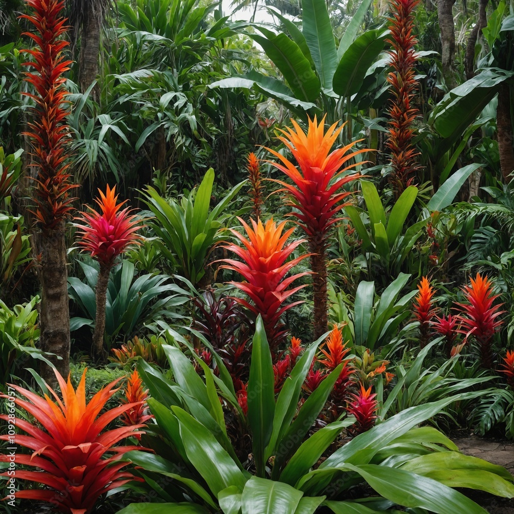 A tropical-themed garden with a mix of bromeliads and colorful foliage.
A tropical-themed garden with a mix of bromeliads and colorful foliage.
