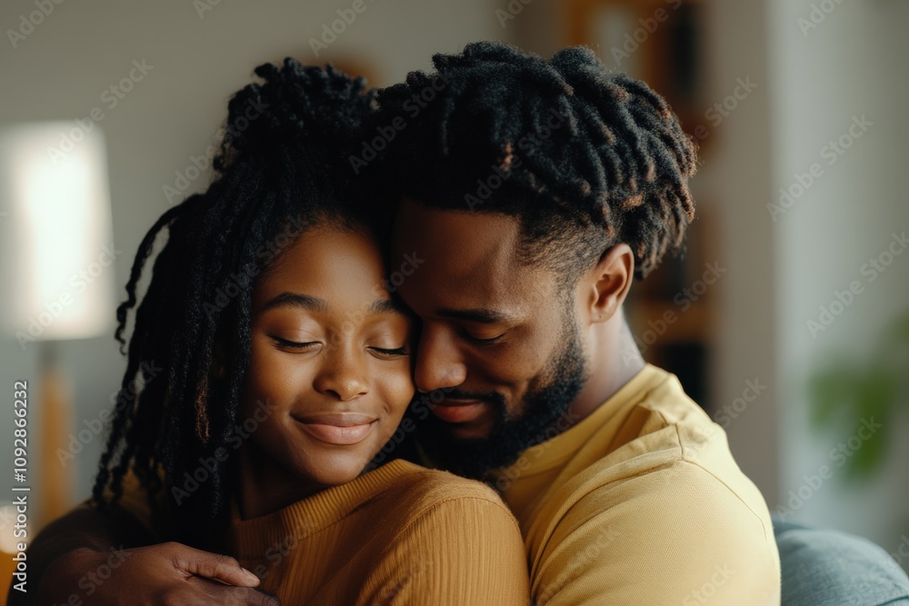 A serene moment captured as a couple embraces lovingly, sharing warmth and tenderness, indicating deep connection and trust in an intimate setting. A serene moment captured as a couple embraces lovingly, sharing warmth and tenderness, indicating deep connection and trust in an intimate setting.