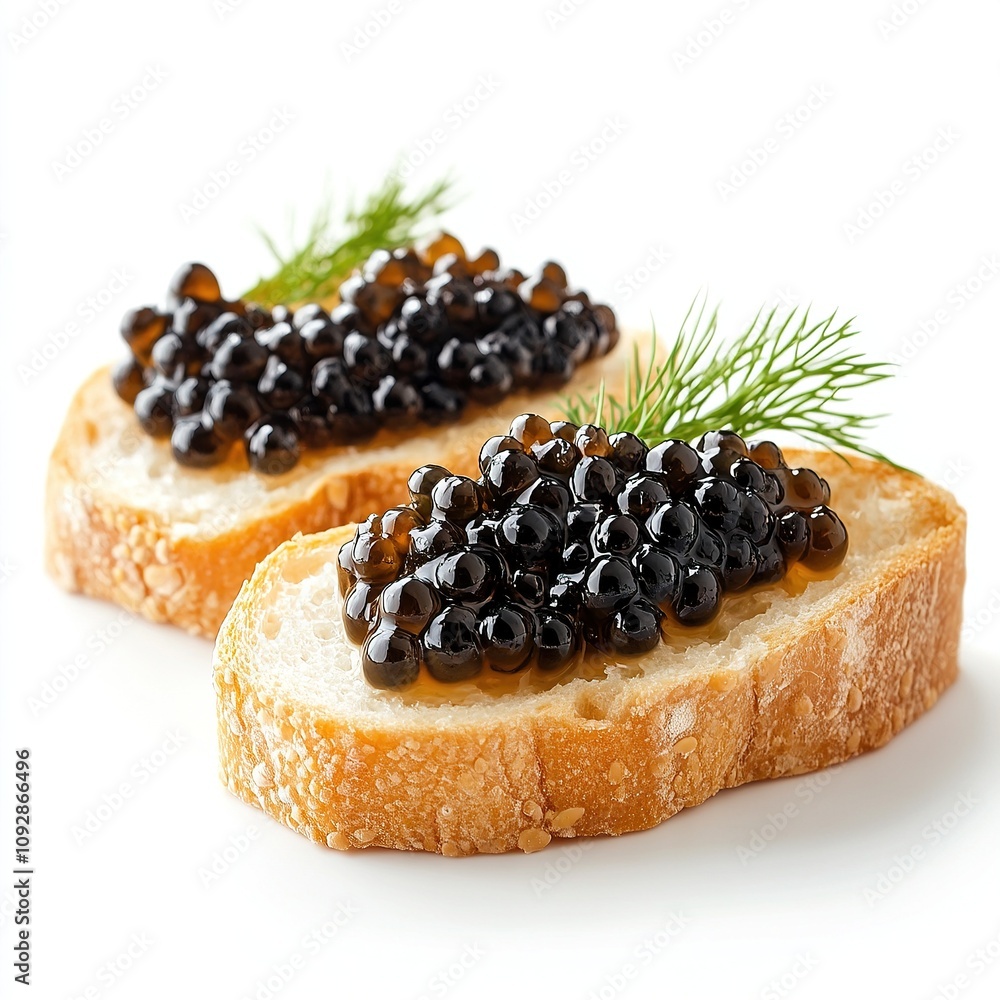 Toast with black caviar and fresh dill garnish.
