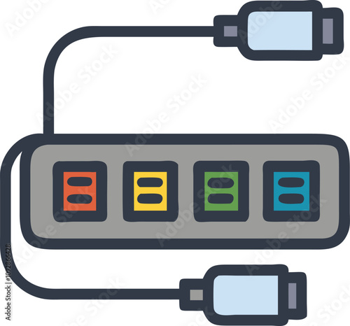 USB Hub Vector with Multiple Colored Ports, Vector illustration of a USB hub featuring six colorful ports in green and red with an attached cable, ideal for tech and connectivity themes.  
