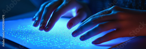 hands in focus reading Braille on a paper sheet. photo