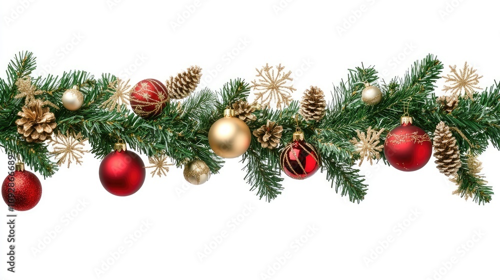 Fototapeta premium Festive Christmas Garland with Red and Gold Ornaments, Isolated on White Background, Detailed Illustration, High-Resolution Professional Photo Captured with Canon EOS R5, Perfect for Holiday Decor