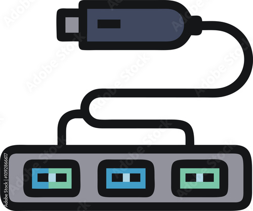 USB Hub Vector with Multiple Colored Ports, Vector illustration of a USB hub featuring six colorful ports in green and red with an attached cable, ideal for tech and connectivity themes.  
