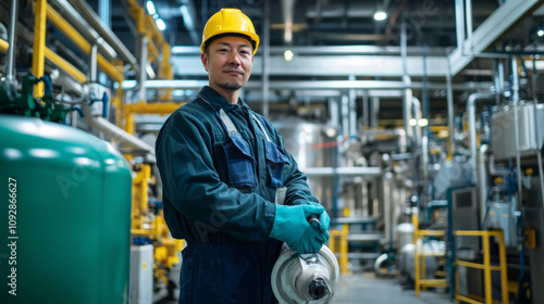 factory cleaner holding cleaning equipment photo