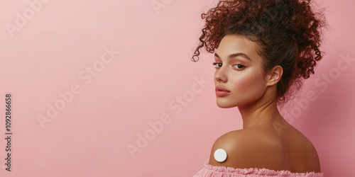 Woman applying birth control patch on shoulder against blank background. photo