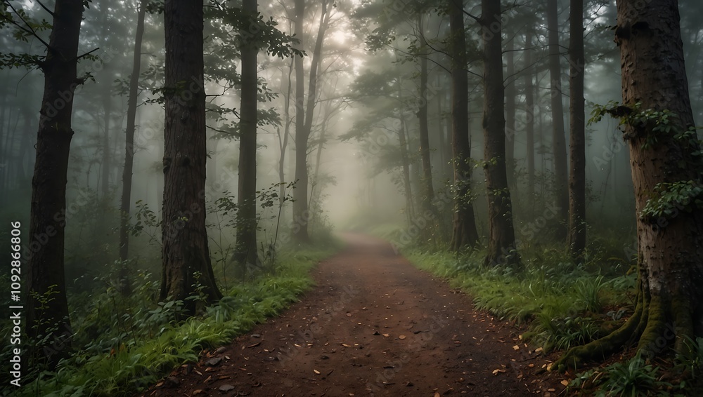 Obraz premium Enchanted Journey: A Misty Forest Path Through Lush Greenery