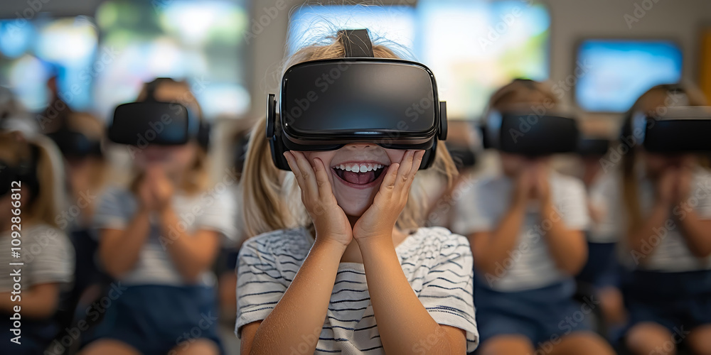 Children in a classroom with virtual reality glasses interact with virtual lessons Children in a classroom with virtual reality glasses interact with virtual lessons
