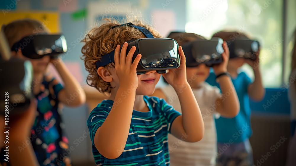 Children in a classroom with virtual reality glasses interact with virtual lessons Children in a classroom with virtual reality glasses interact with virtual lessons