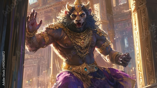 Anime Lord Narasimha Emerges with Divine Claws: Protective Stance in a Regal Palace Interior, Bathed in Evening Light, Featuring Ultra-Sharp Detail and Royal Colors.