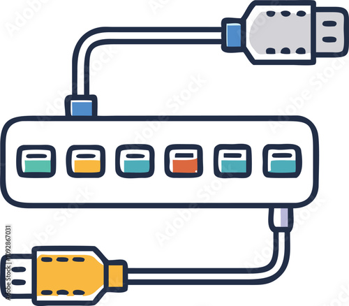 Colorful USB Hub Vector with Multiple Cables, Detailed vector illustration of a USB hub with multiple colorful ports and connected cables, ideal for technology and connectivity concepts.  
