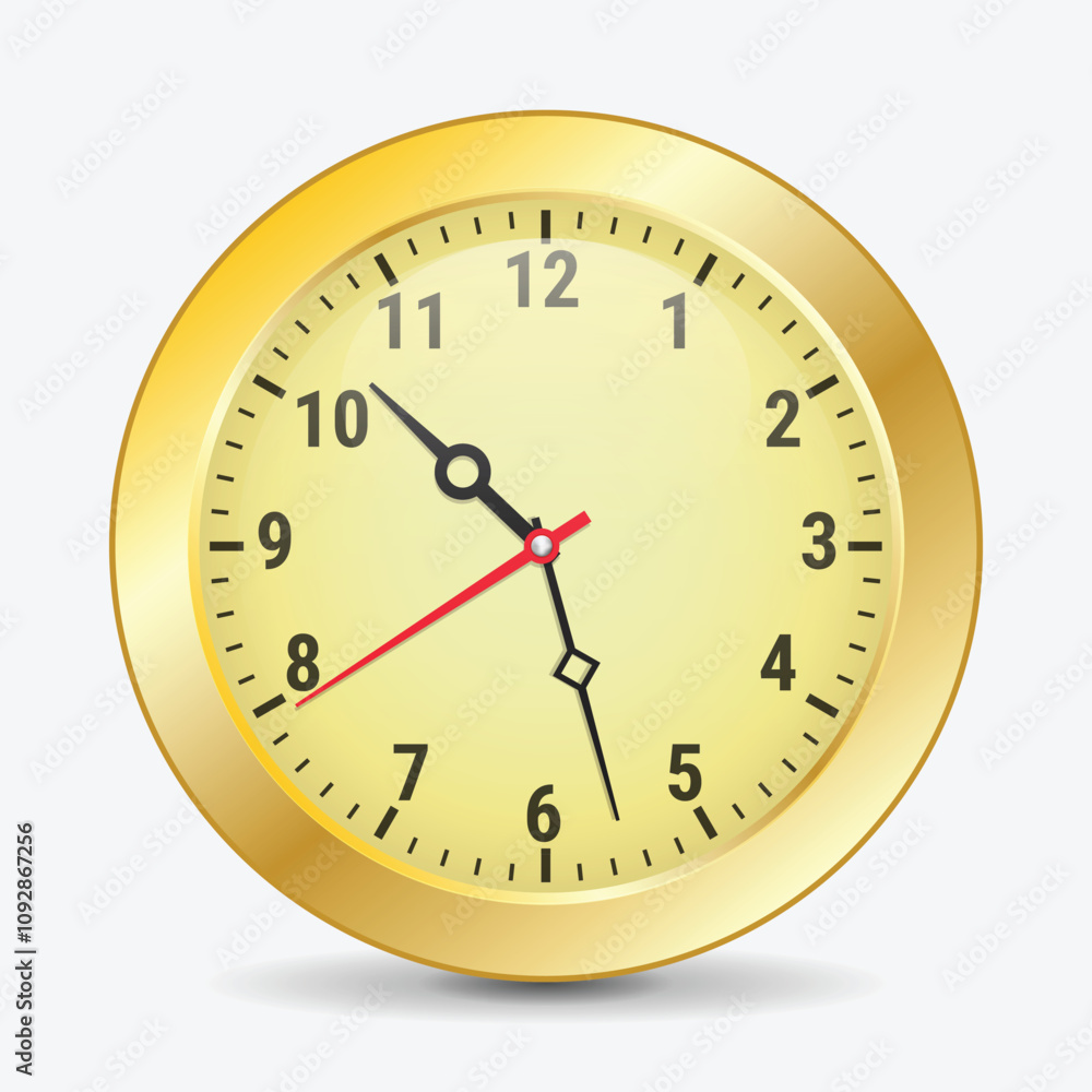 Gold clock with arabic numerals. Vector illustration of a clock with shadow underneath Gold clock with arabic numerals. Vector illustration of a clock with shadow underneath