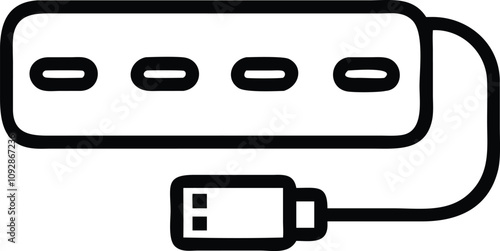Outline Vector of USB Cable with Ports, Minimalist black-and-white outline vector illustration of a USB cable with multiple ports, ideal for connectivity and technology concepts.  
