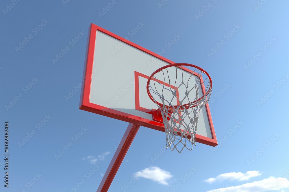 Red basketball hoop with a white net is standing tall against a clear blue sky with a few fluffy clouds Red basketball hoop with a white net is standing tall against a clear blue sky with a few fluffy clouds