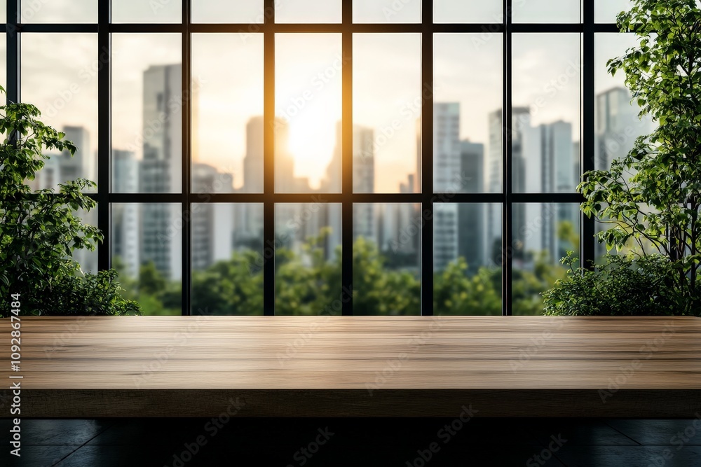 A panoramic view of a city skyline is framed by large windows. The sunrise casts a golden hue over the urban landscape, accompanied by indoor greenery for freshness. A panoramic view of a city skyline is framed by large windows. The sunrise casts a golden hue over the urban landscape, accompanied by indoor greenery for freshness.
