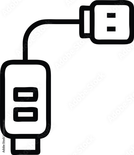 Outline Vector of USB Cable with Ports, Minimalist black-and-white outline vector illustration of a USB cable with multiple ports, ideal for connectivity and technology concepts.  
