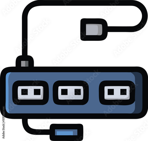 USB Hub Vector Illustration with Multiple Ports, Flat-style vector illustration of a USB hub with multiple ports and attached cables, ideal for technology and connectivity concepts.  
