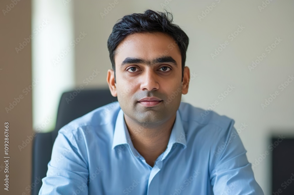 Fototapeta premium Portrait of a young man in a blue shirt looking at the camera